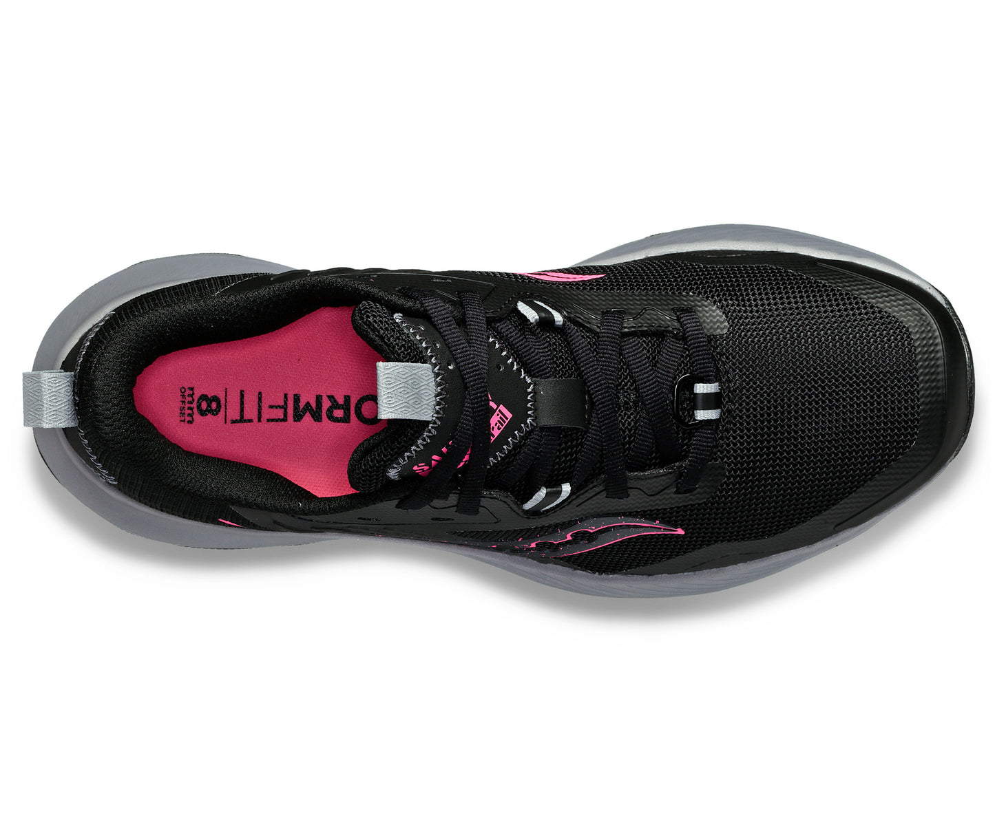Overhead view of a black running shoe with pink accents.