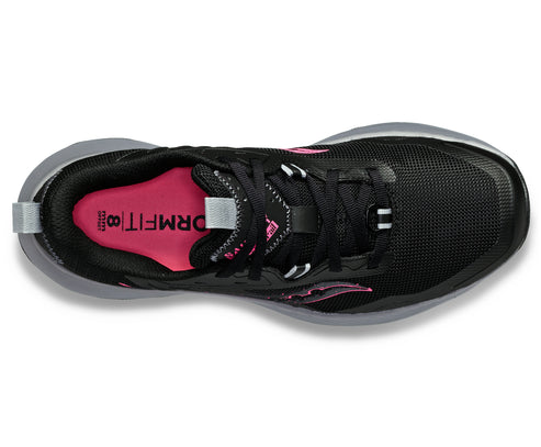 Overhead view of a black running shoe with pink accents.