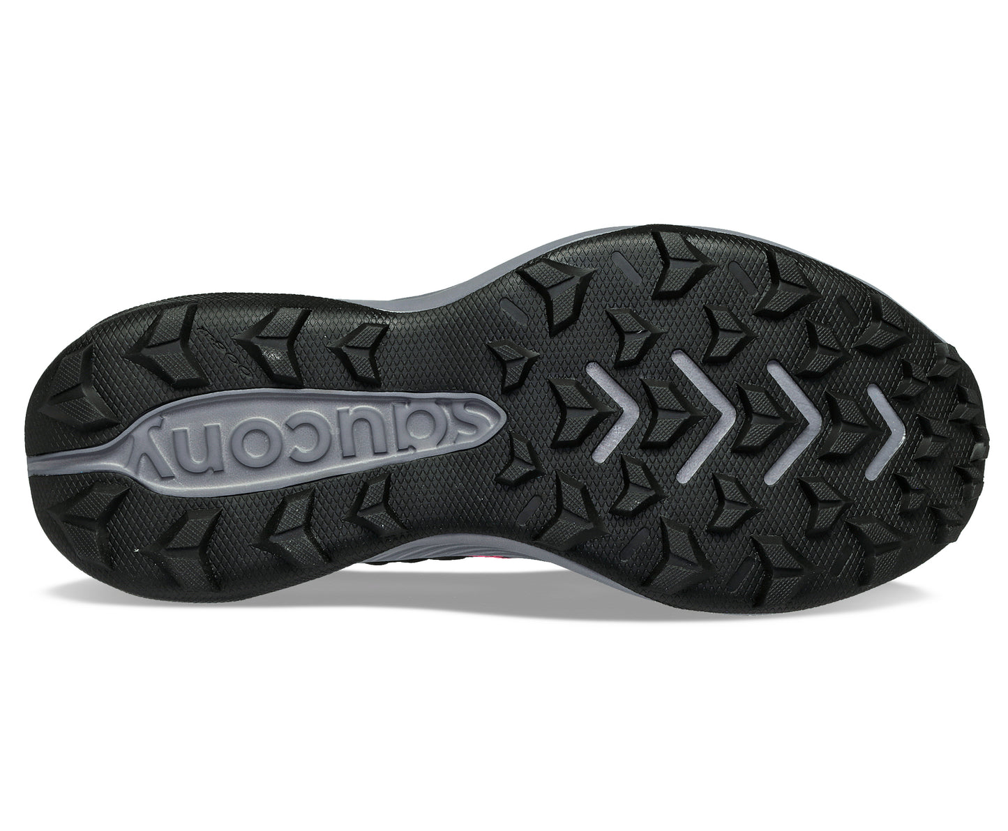 Black shoe outsole with aggressive arrow-shaped treads and the word "saucony".