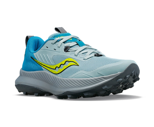 Trail running shoe with light blue accents and yellow logo on the side.