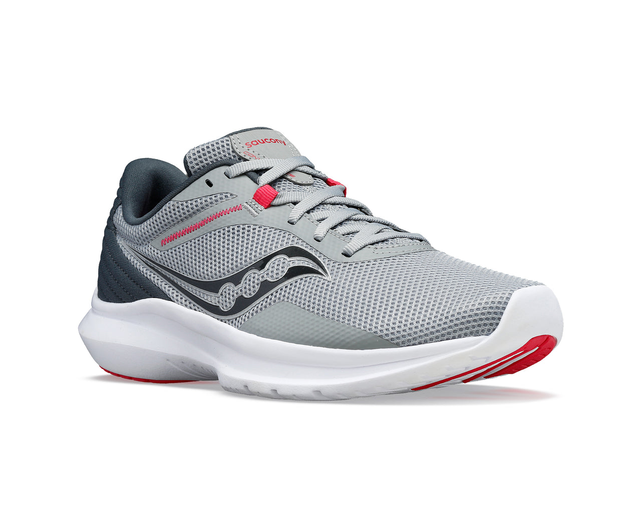 Grey running shoe with red accents and a white sole