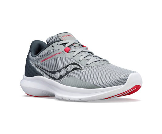 Grey running shoe with red accents and a white sole