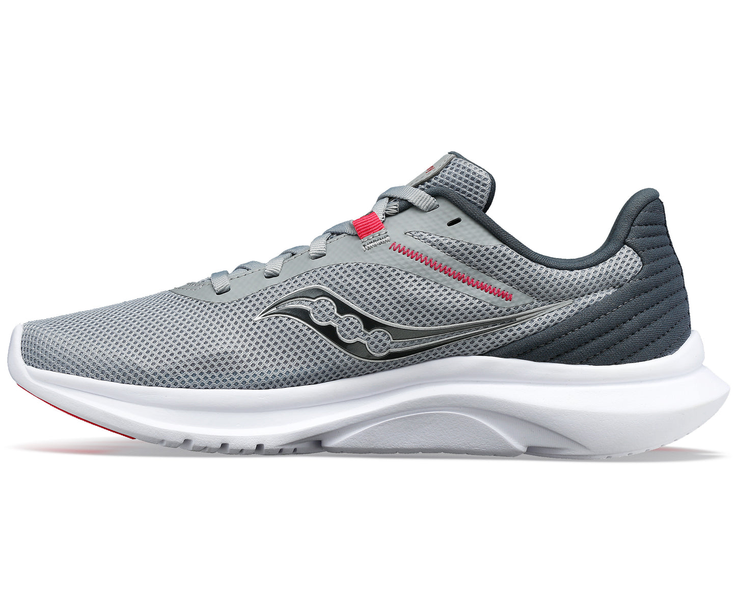 Gray running shoe with white sole and a side logo.