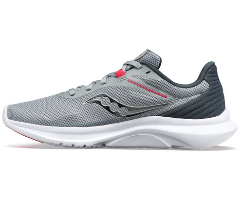Gray running shoe with white sole and a side logo.