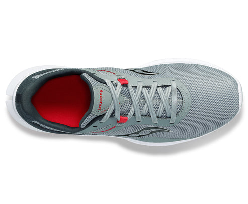Overhead view of a grey athletic shoe with red and black trim and white laces.