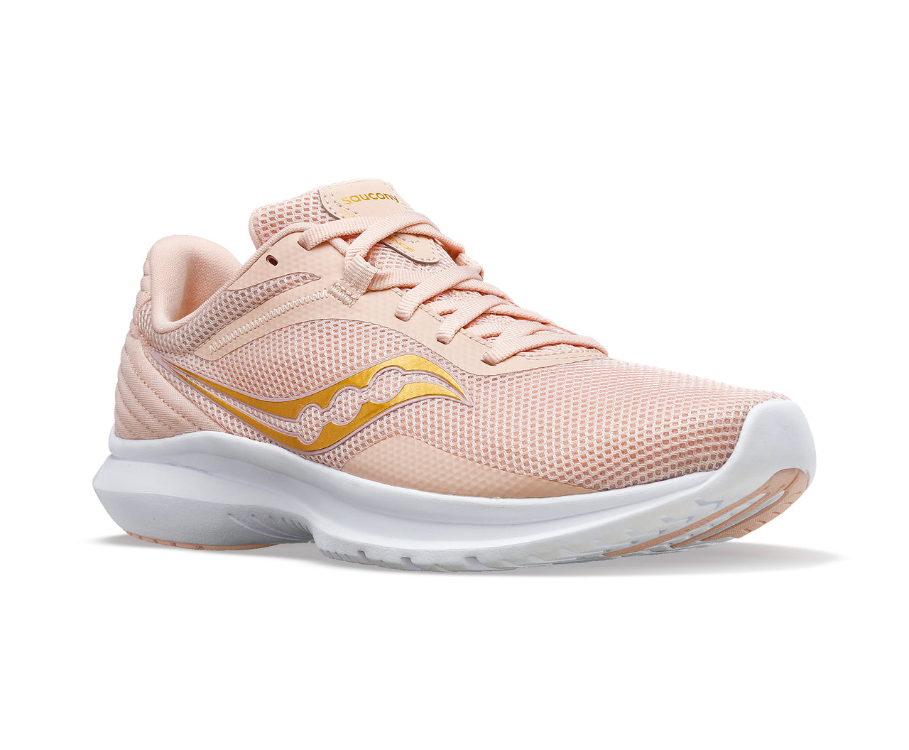 A pink athletic shoe with white sole and gold logo.