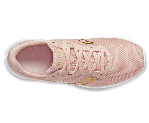 Top-down view of a light pink athletic shoe with gold accents and white sole.
