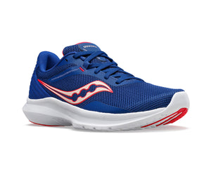 A blue running shoe with a white sole and a red and white logo.