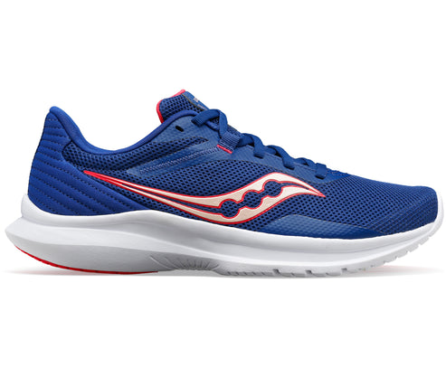 Blue running shoe with red accents and white sole.
