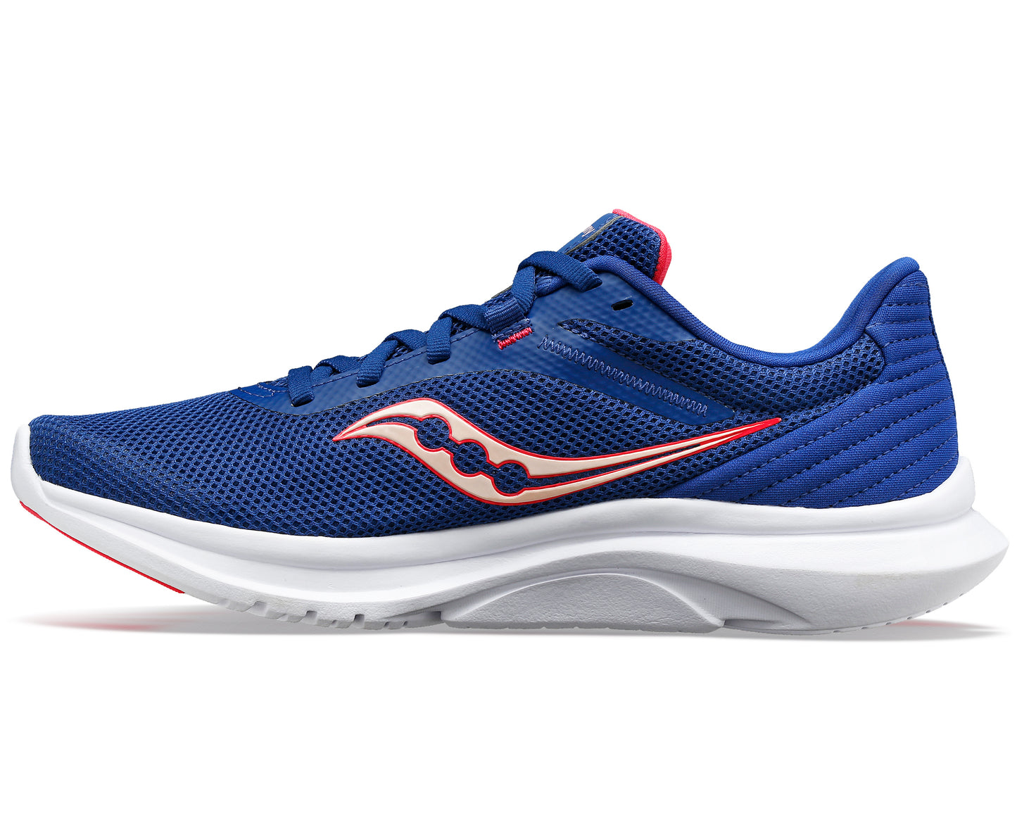 Blue running shoe with red accents and white sole.