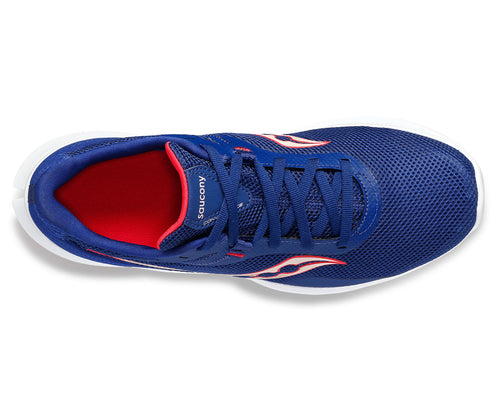 Overhead view of a blue running shoe with red accents and white sole and interior heel.