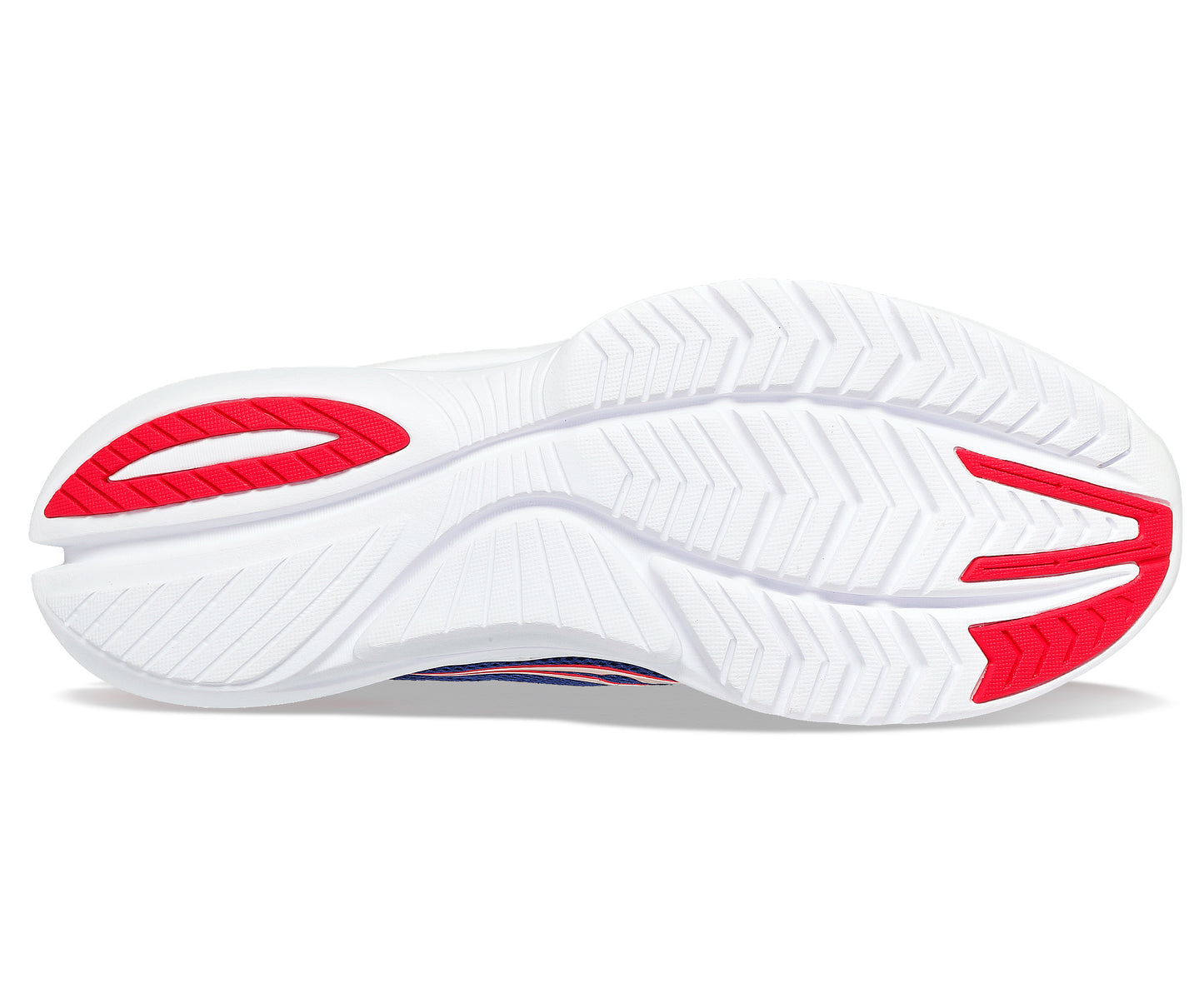 Bottom view of a white athletic shoe sole with red accents and chevron pattern.