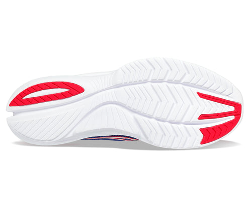Bottom view of a white athletic shoe sole with red accents and chevron pattern.