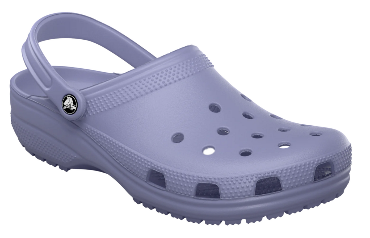 Periwinkle clog-style shoe with a pivoting heel strap and ventilation holes.