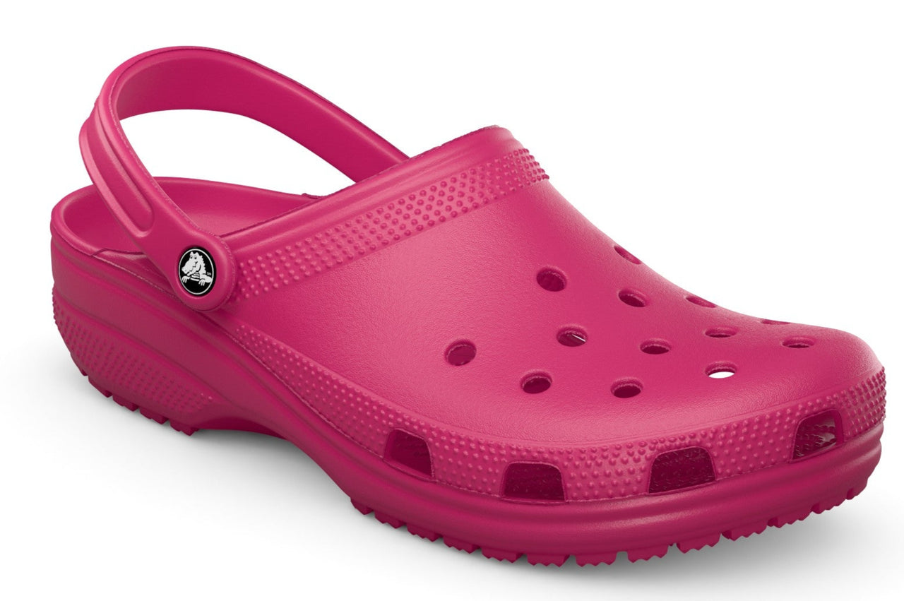 Fuchsia clog with holes.