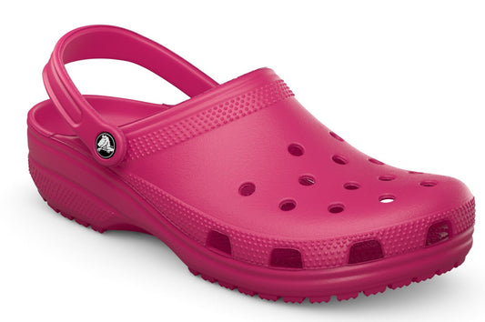 Fuchsia clog with holes.