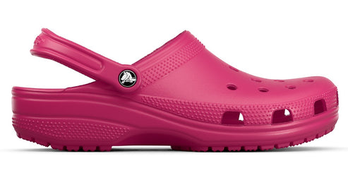 Fuchsia clog with heel strap and ventilation holes.