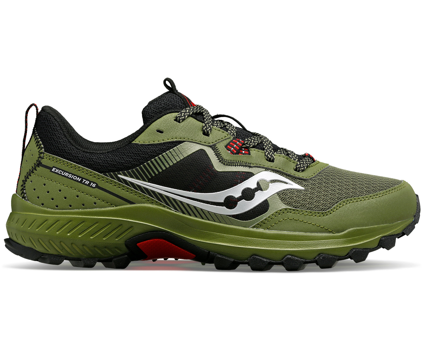Olive green trail running shoe with black trim and silver logo.