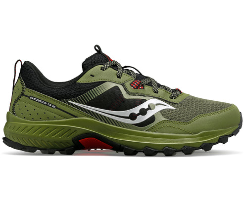 Olive green trail running shoe with black trim and silver logo.