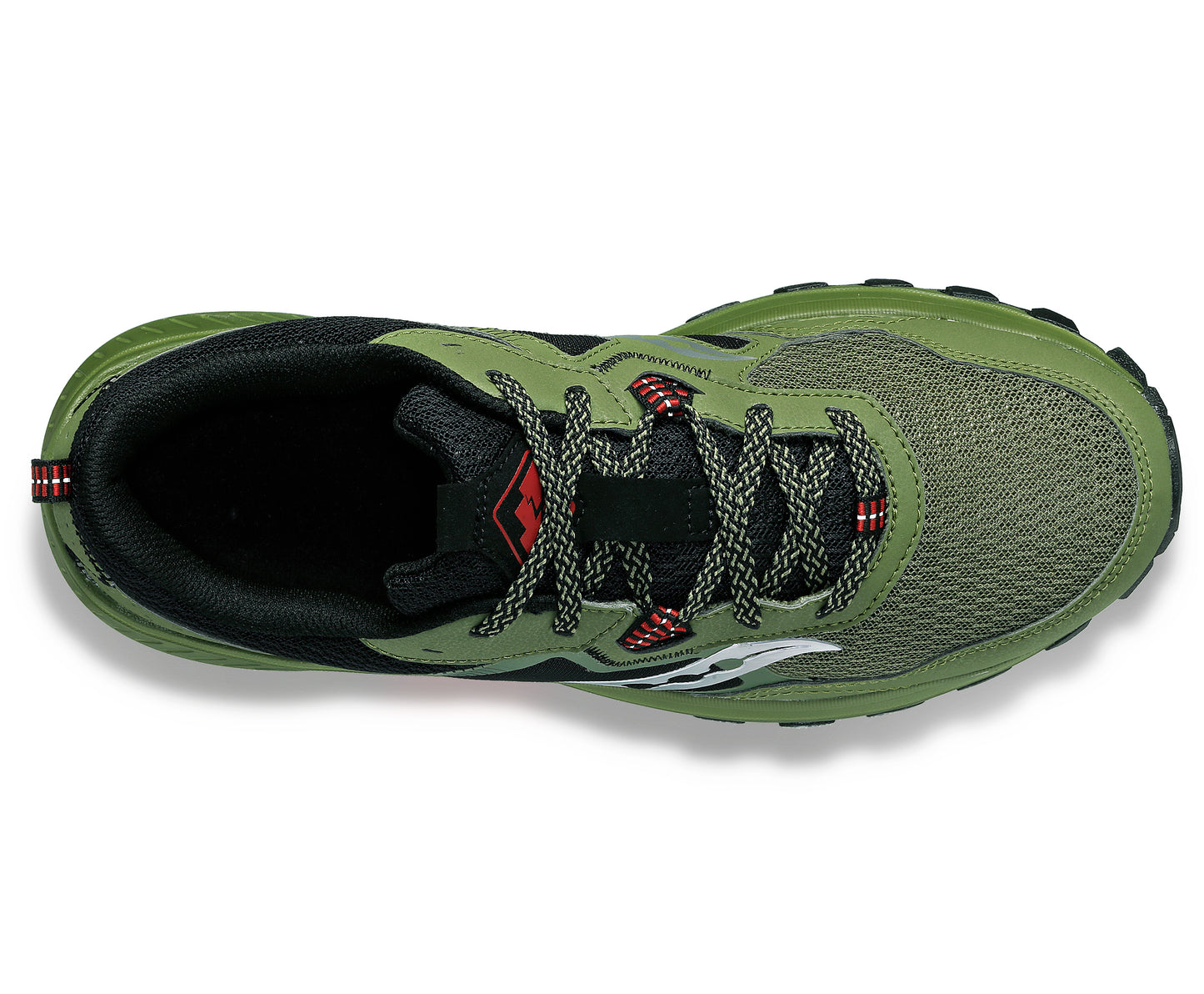 Trail running shoe, olive green with black accents, patterned laces, seen from above.