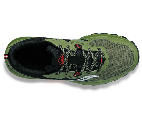 Trail running shoe, olive green with black accents, patterned laces, seen from above.