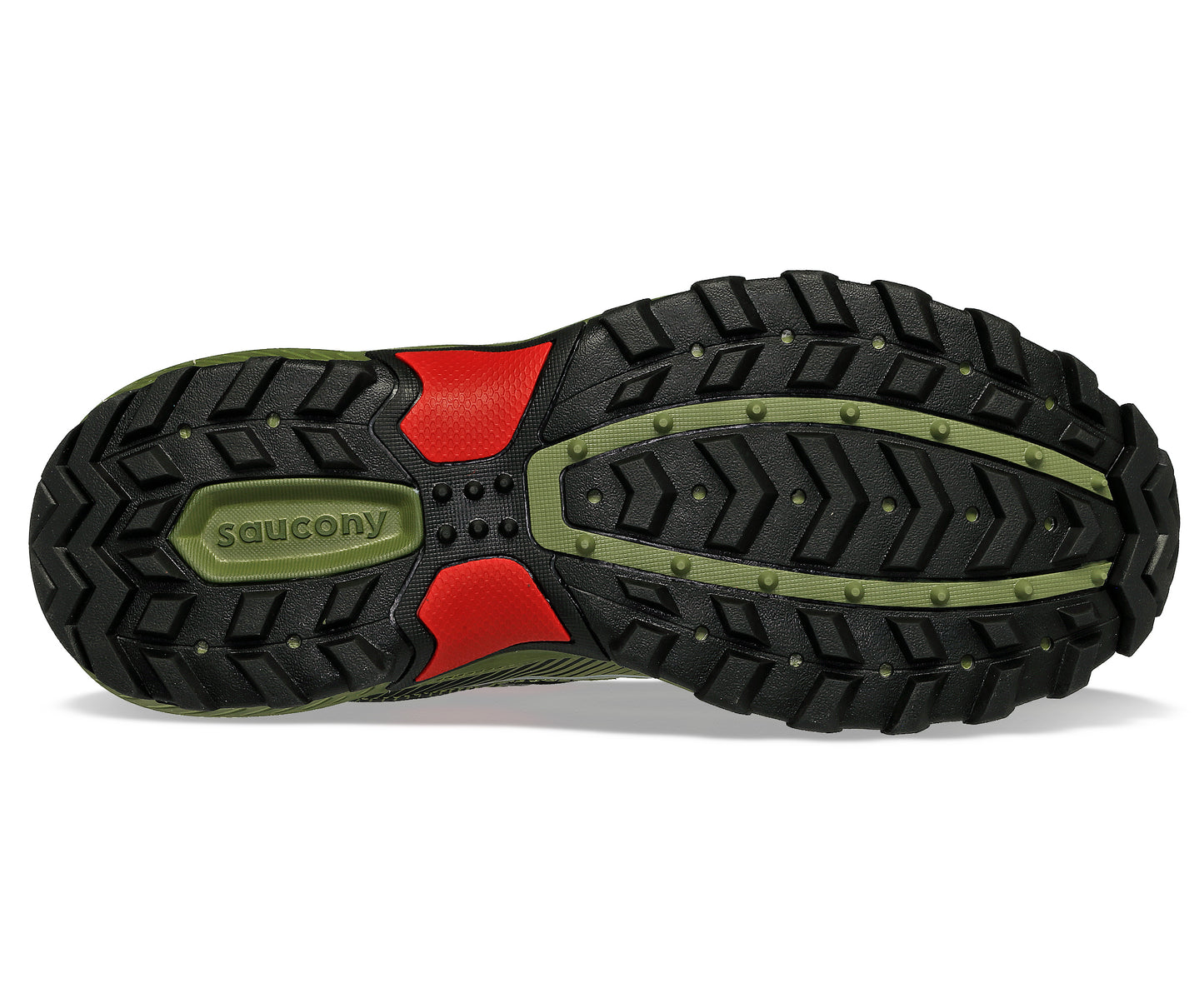 Underside of a shoe with black rubbery treads and green accents.