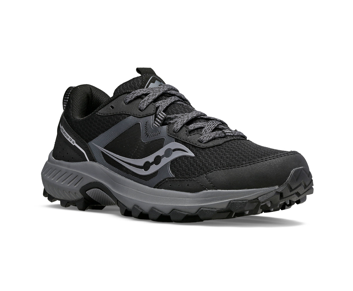 Black trail running shoe with dark gray laces and soles.