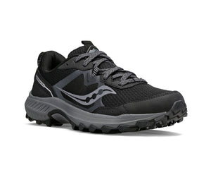 Black trail running shoe with dark gray laces and soles.