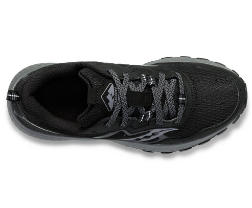 Overhead view of a black athletic shoe with a gray sole and laces.
