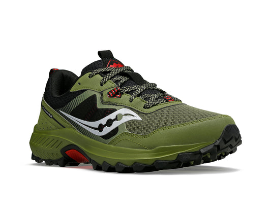 Olive green running shoe with black interior, black and gray laces, red accents, and a silver swoosh on the side.