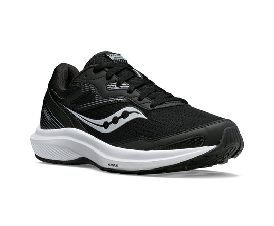 Black running shoe with white accents and sole.