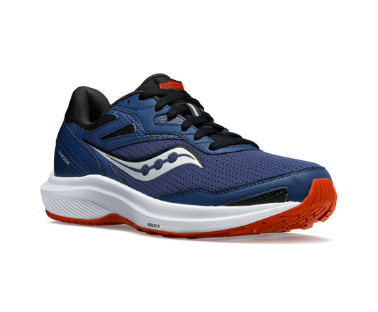 A navy and orange running shoe with black laces and a white sole.