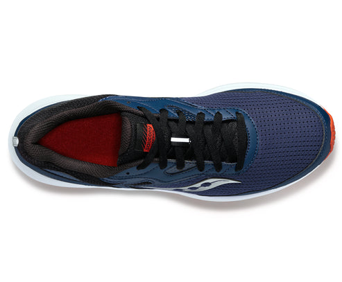 Top-down view of a navy running shoe with black laces, black interior, a white midsole, and a glimpse of orange on the sole.