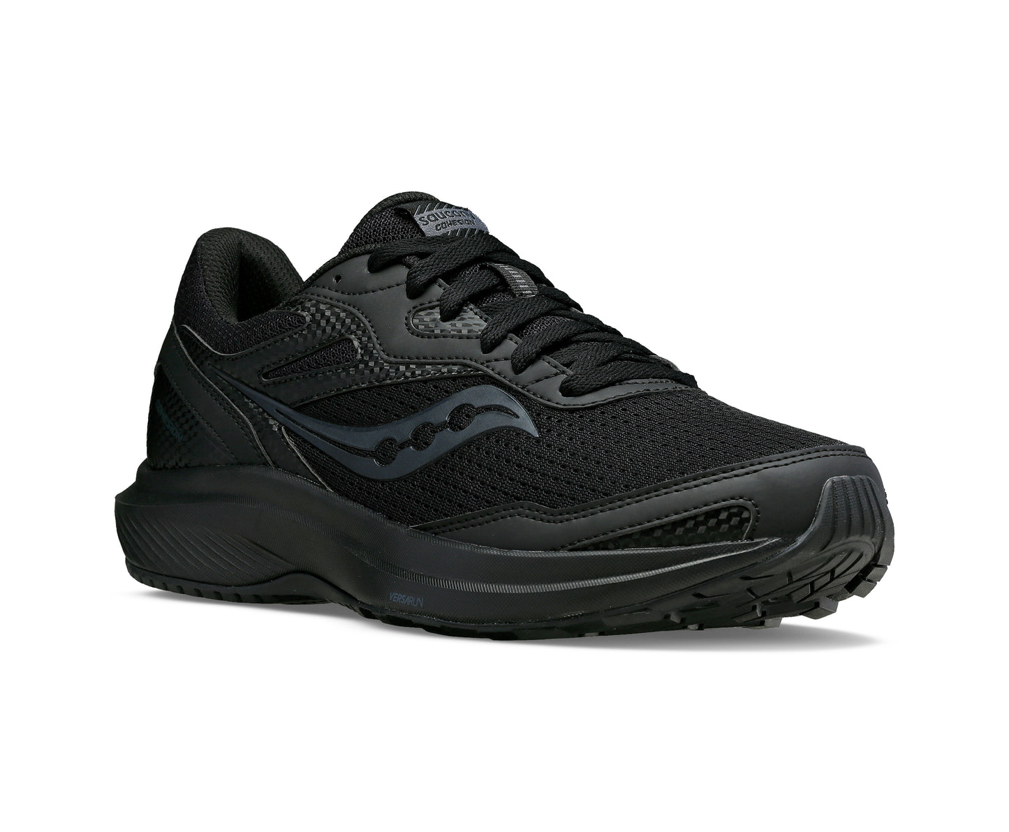 Black running shoe with mesh upper and rubber sole.
