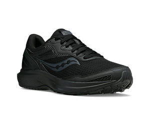 Black running shoe with mesh upper and rubber sole.