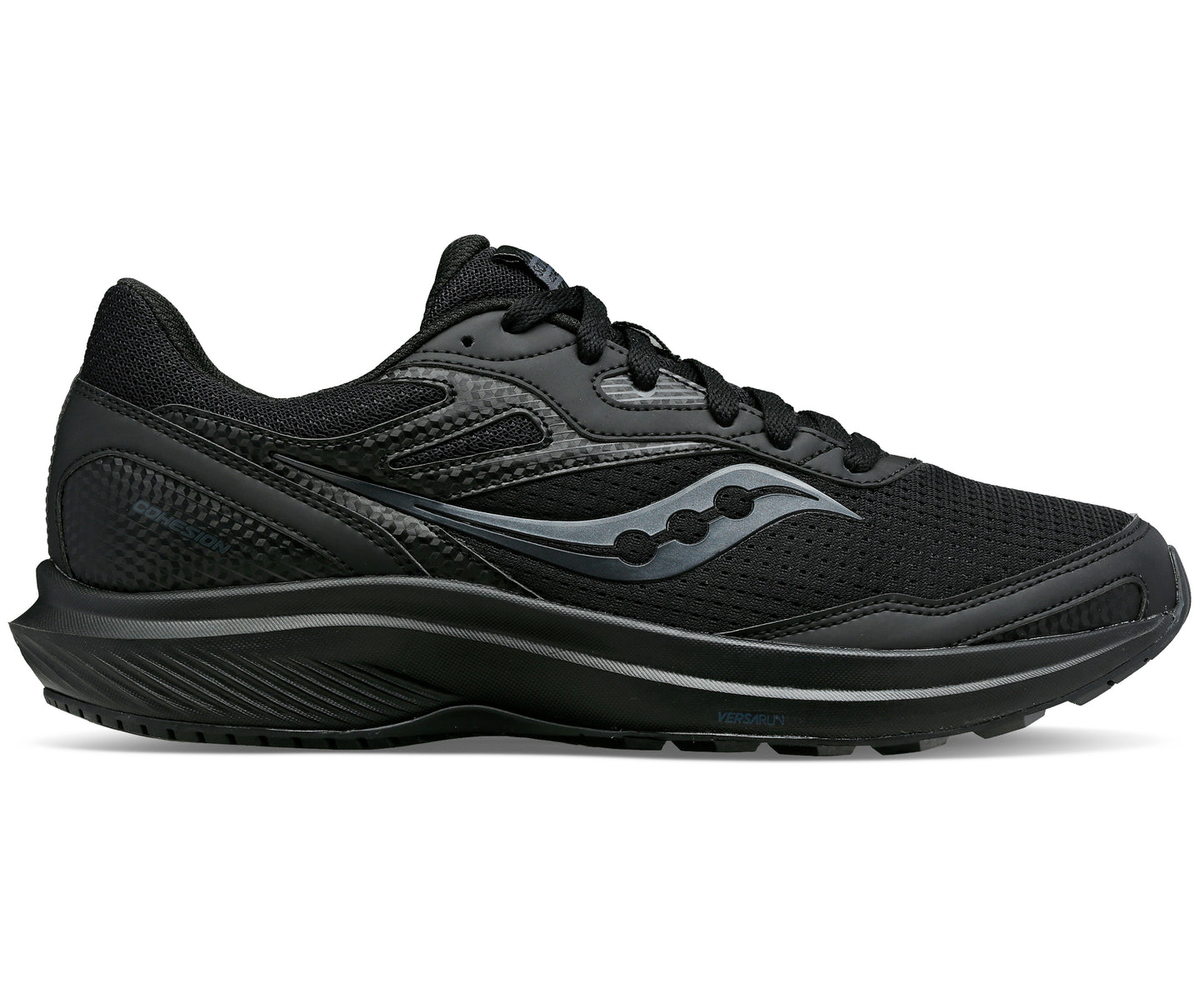 Black running shoe with a low profile and lace-up closure.