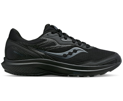 Black running shoe with a low profile and lace-up closure.