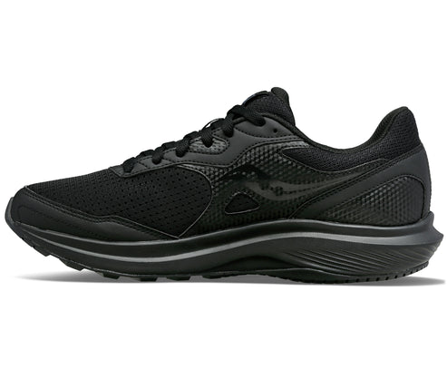 A black running shoe, side view, with a mesh upper and thick sole.