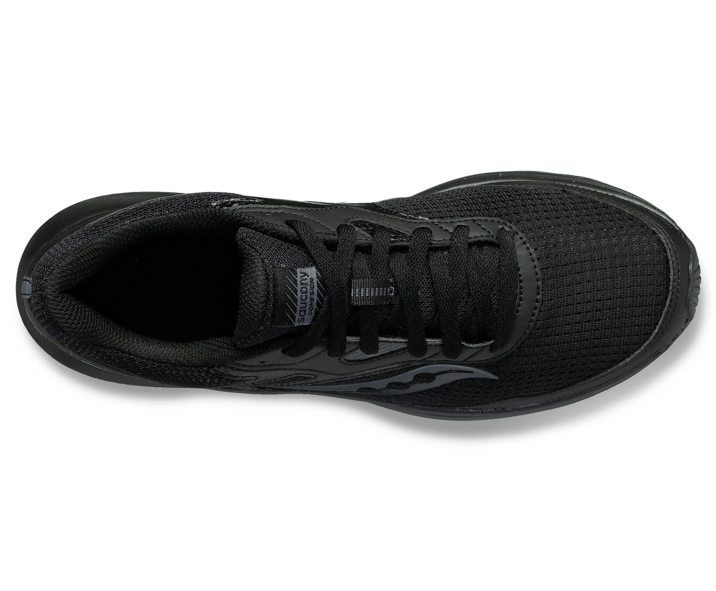 All black running shoe, view from above.
