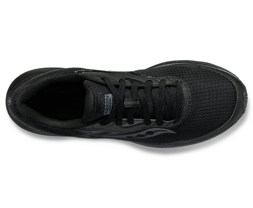 All black running shoe, view from above.