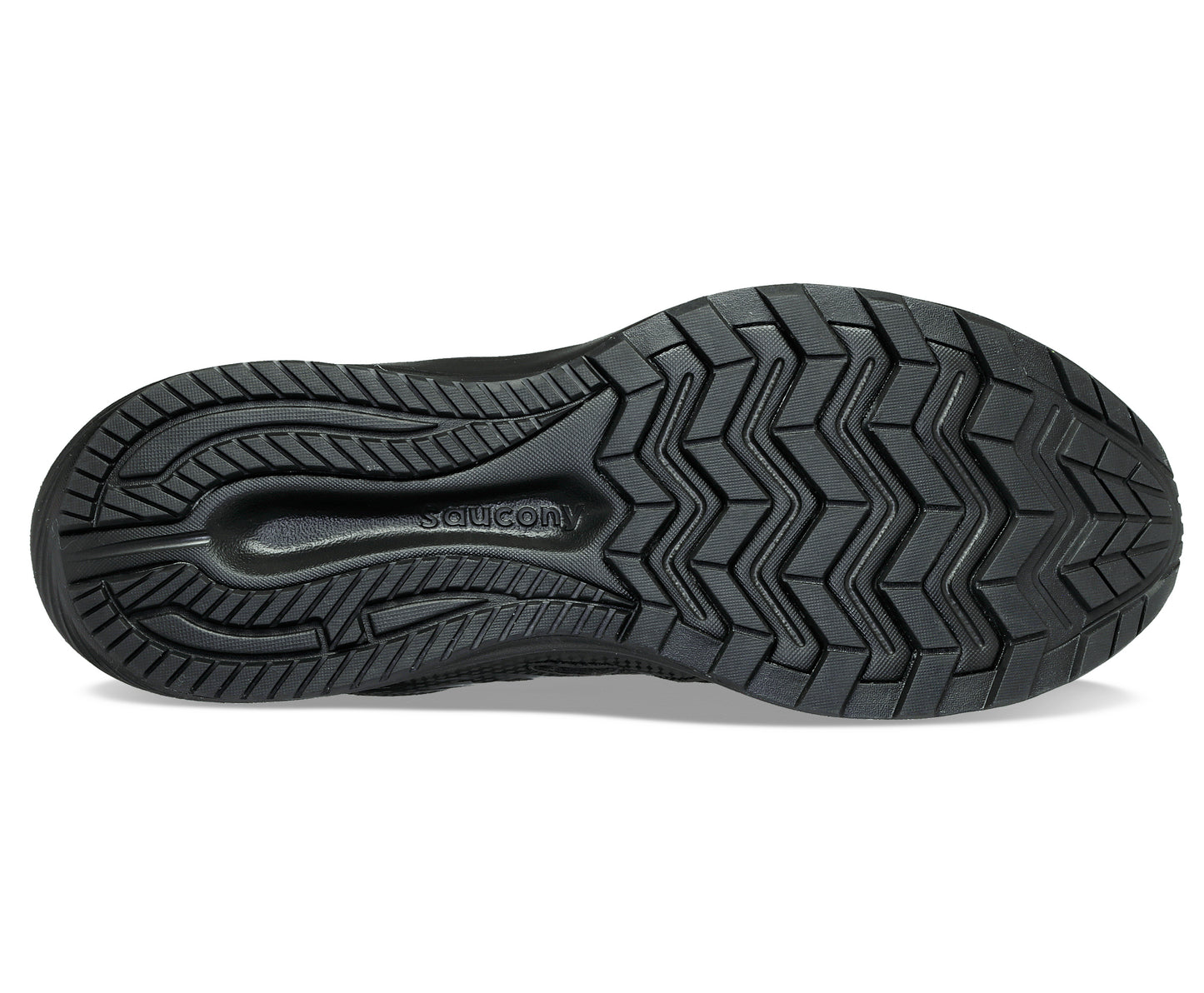 Black shoe sole with complex zigzag pattern and 'Saucony' text.