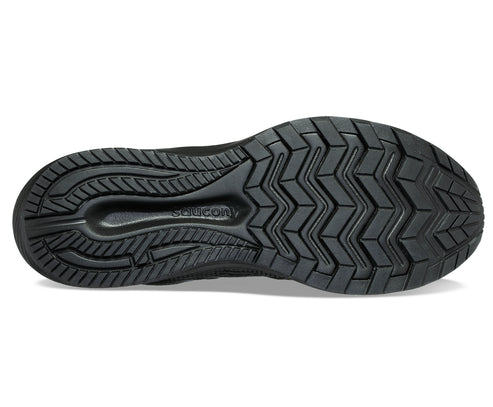 Black shoe sole with complex zigzag pattern and 'Saucony' text.
