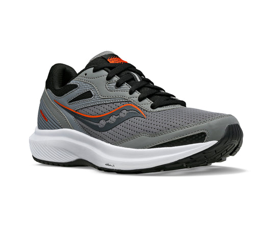 A gray and black athletic shoe with orange accents, black laces, and a thick white sole.