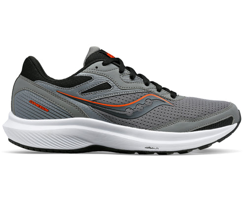 A gray running shoe with black laces and orange detailing on a white sole.