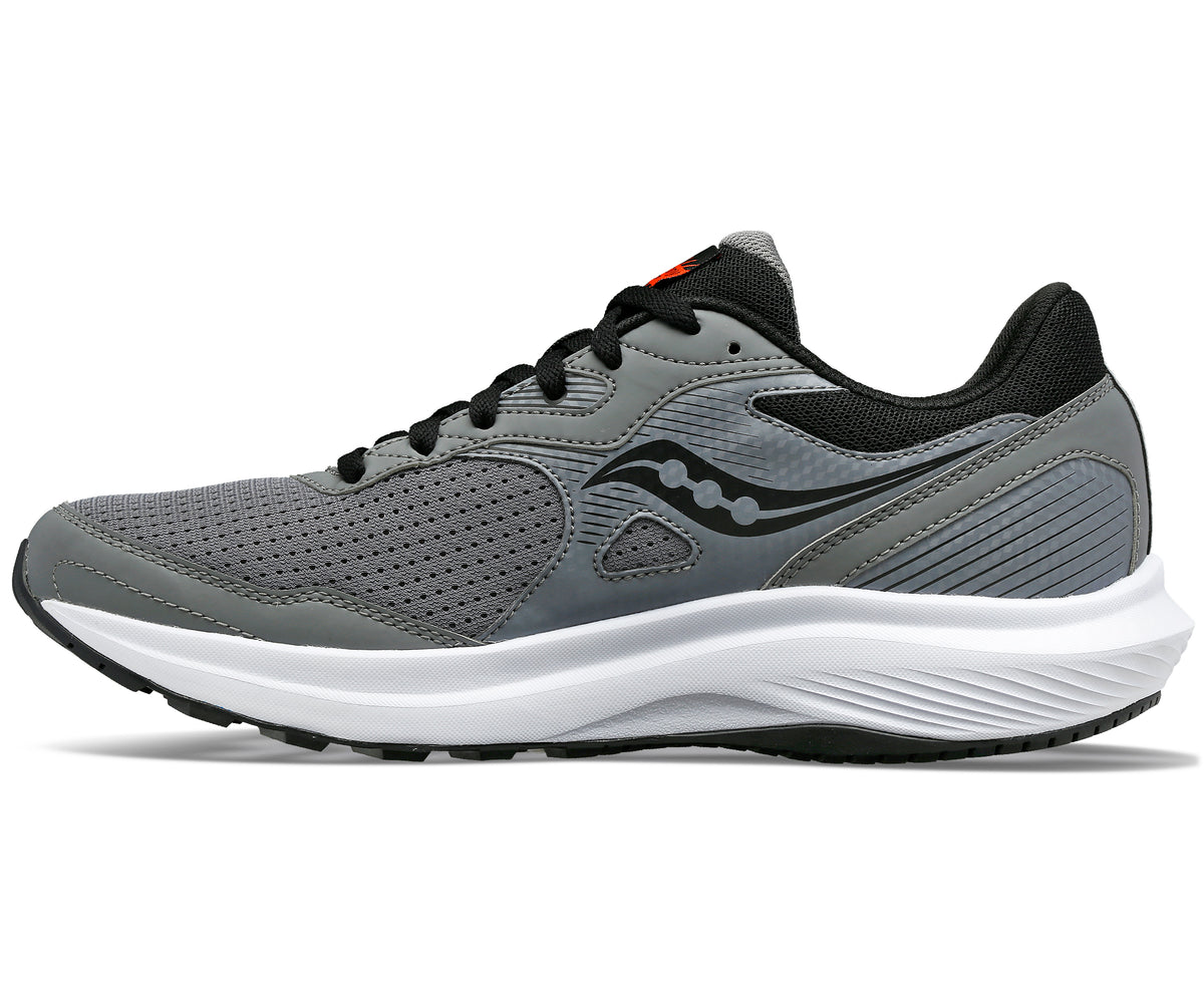 A gray running shoe with a white sole and black laces.