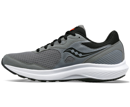 A gray running shoe with a white sole and black laces.