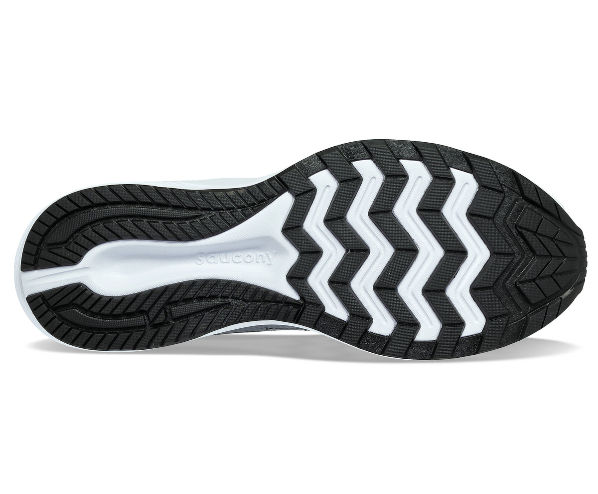 Bottom of a running shoe showing a black and white patterned sole.