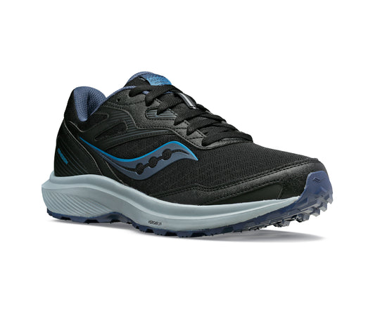 A black running shoe with a light blue sole and logo.