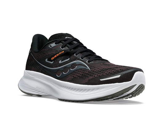 Running shoe, dark upper with curved silver logo and white midsole.