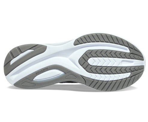 shoe sole with gray rubber and white arch support featuring a "saucony" text detail